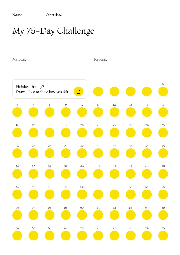 printable 75 Hard challenge progress sheet