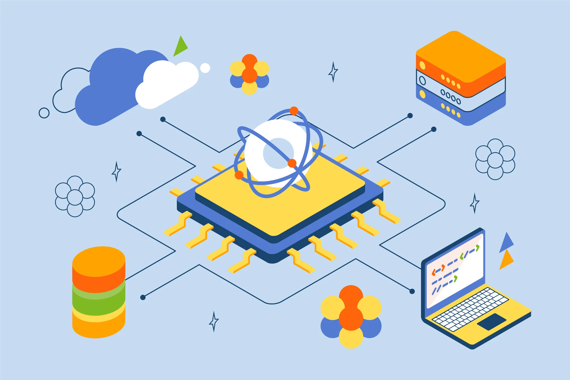 중앙 프로세서와 연결된 클라우드, 서버, 데이터베이스, 노트북 등의 IT 인프라를 표현한 일러스트
