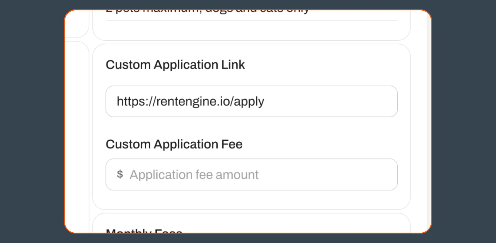 Set custom application fees per property. 