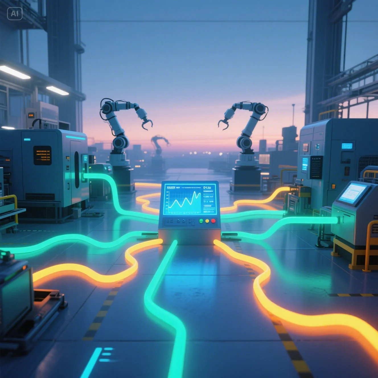 푸른빛과 녹색빛의 에너지 라인이 기계에서 PLC 제어판 또는 디지털 대시보드로 수렴하는 미래형 스마트 공장 내부 전경. 효율성과 지속가능성을 강조하며, 자동화 기계와 로봇 팔이 어슴푸레하게 보인다.