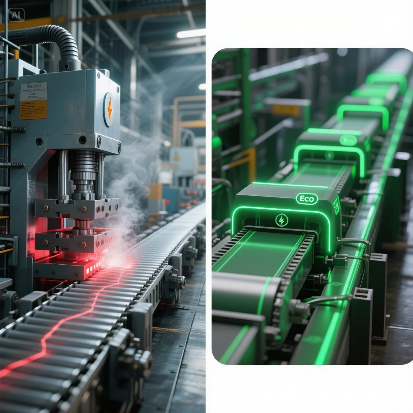 푸른빛과 녹색빛의 에너지 라인이 기계에서 PLC 제어판 또는 디지털 대시보드로 수렴하는 미래형 스마트 공장 내부 전경. 효율성과 지속가능성을 강조하며, 자동화 기계와 로봇 팔이 어슴푸레하게 보인다.