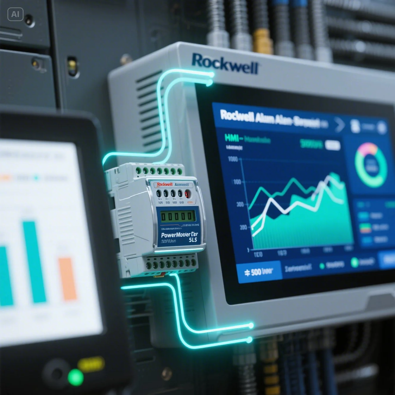 Rockwell Automation Allen-Bradley PLC 모듈과 PowerMonitor 5000 에너지 미터가 디지털 라인으로 연결되어 있고, 전면에 실시간 에너지 소비량 그래프와 대시보드를 보여주는 HMI 화면이 있는 클로즈업 이미지.