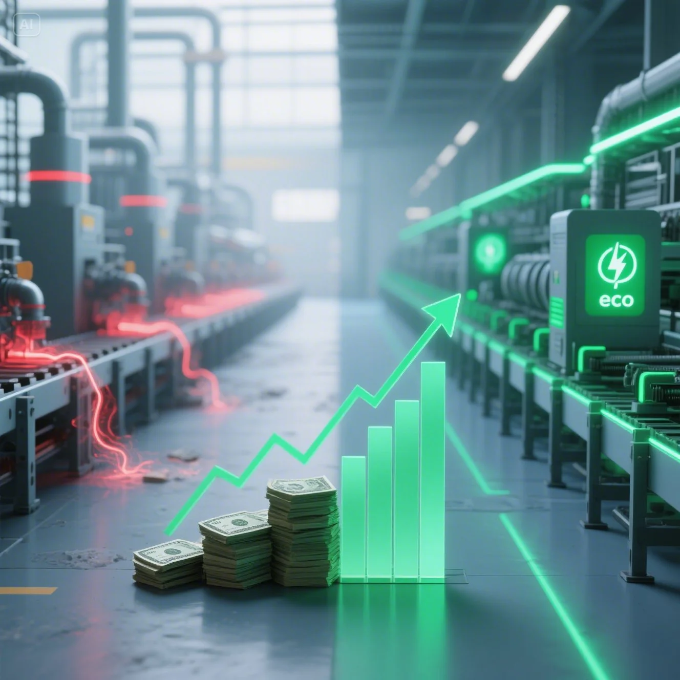 상승하는 전기료를 나타내는 빨간색 그래프를 걱정스럽게 바라보는 공장 관리자의 실루엣과, 회로 기판에서 자라나는 초록색 잎 또는 지구본과 나무 아이콘이 결합된 환경 보호 상징이 대비를 이루는 이미지.