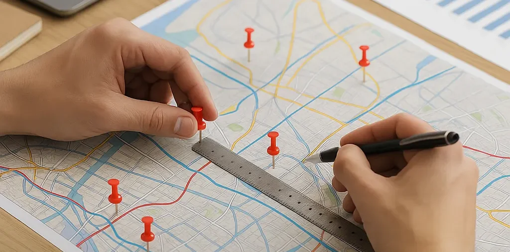 이전부터 해왔던 셔틀버스 노선 설계 방식 중 하나인 지도에 핀 꼽고 자로 거리 재기