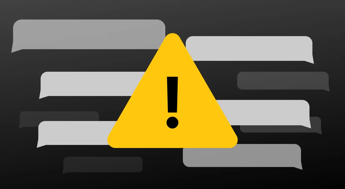 경고 삼각형 아이콘과 함께 회색 말풍선들이 배경에 겹쳐 있는 이미지로, 인스타그램 자동 DM 사용 시 주의가 필요함을 시각적으로 강조함