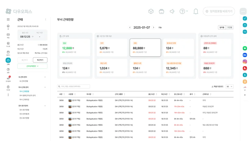 다우오피스HR 근태관리 화면입니다.