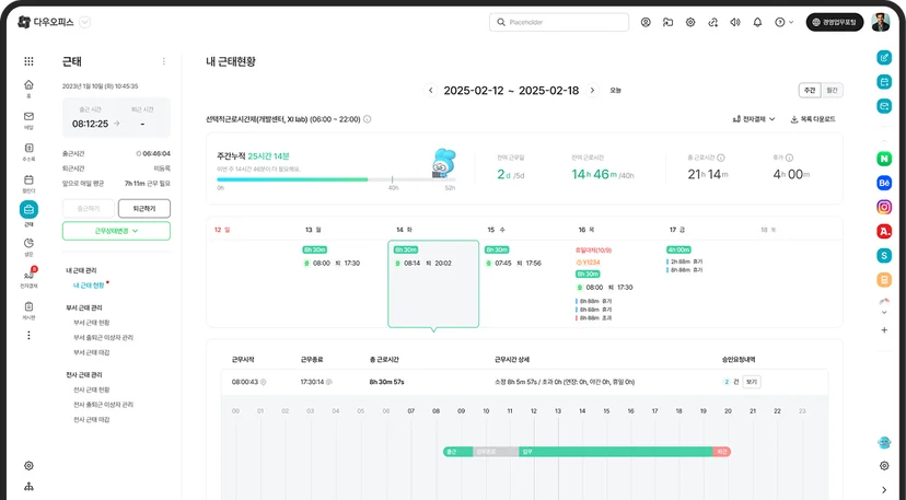 다우오피스HR은 출퇴근시간 및 기타 근태 사항을 실시간으로 기록합니다.