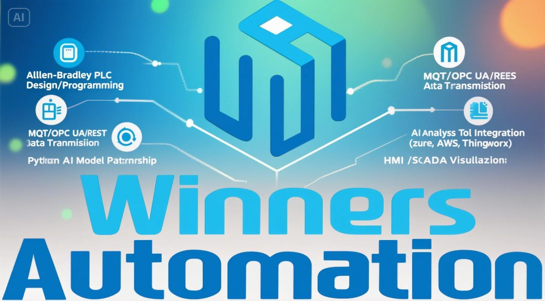 위너스오토메이션의 AB PLC와 AI 연동 솔루션 통합 서비스 안내. (PLC 설계, 데이터 전송, AI 플랫폼 연동, AI 모델 개발, 시각화 포함)