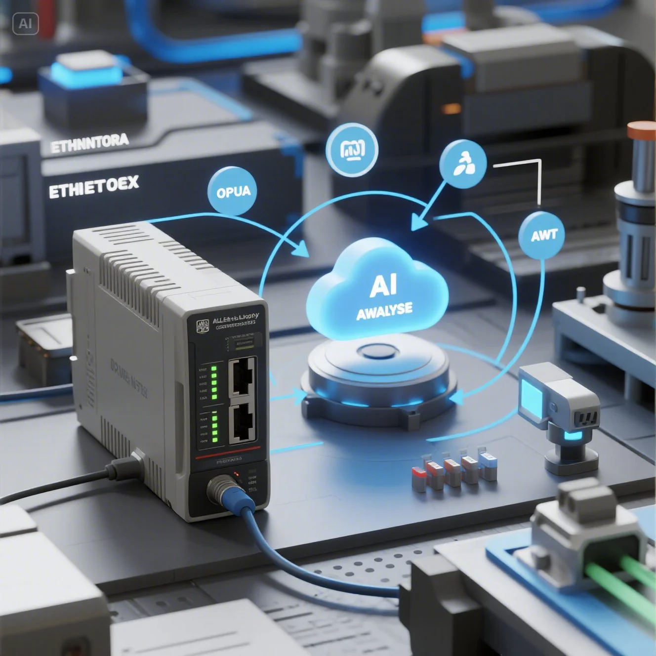 스마트 팩토리 환경에서 Allen-Bradley PLC 장비가 AI 분석 클라우드와 연동되어 데이터를 주고받는 개념적인 이미지입니다. PLC는 센서 데이터(아이콘)를 OPC UA 프로토콜을 통해 AI 클라우드로 전송하고, AI는 분석(AI ANALYSE) 후 최적화된 작동 방식(AWT 아이콘)을 PLC로 다시 전달하여 공장 자동화를 지능적으로 제어하는 과정을 나타냅니다.