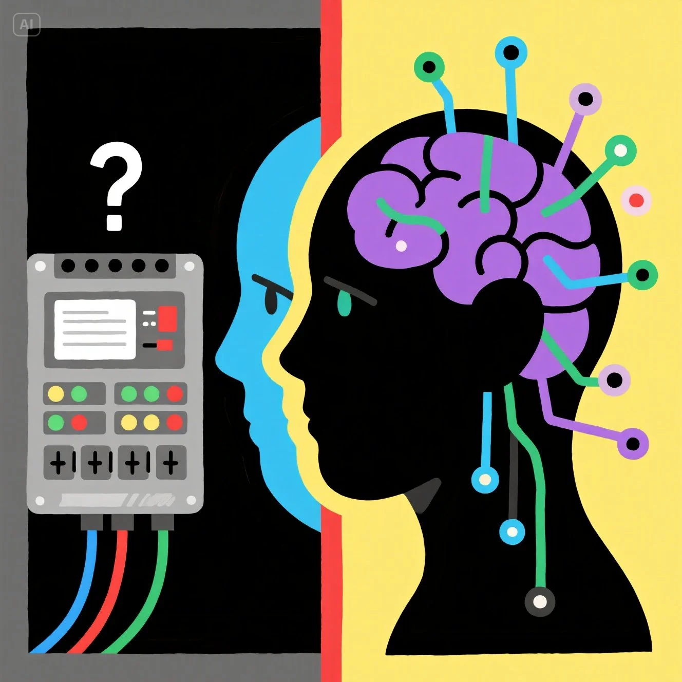 왼쪽에는 물음표가 떠 있는 PLC 장비와 그 옆에 생각하는 듯한 두 개의 옆모습 실루엣이 겹쳐 있는 모습, 오른쪽에는 뇌와 연결된 다양한 색깔의 선들이 있는 사람 옆모습 실루엣 그림. PLC에서 얻은 데이터(물음표)를 AI(뇌)가 분석하여 지능적인 판단을 내리는 과정을 시각적으로 표현한 콘셉트 이미지.