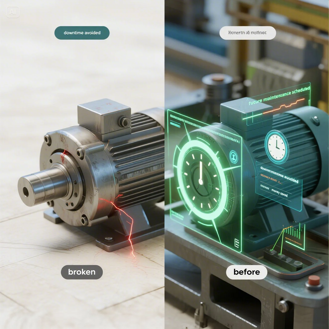 스마트 팩토리 환경에서 Allen-Bradley PLC 장비가 AI 분석 클라우드와 연동되어 데이터를 주고받는 개념적인 이미지. PLC는 센서 데이터(아이콘)를 OPC UA 프로토콜을 통해 AI 클라우드로 전송하고, AI는 분석(AI ANALYSE) 후 최적화된 작동 방식(AWT 아이콘)을 PLC로 다시 전달하여 공장 자동화를 지능적으로 제어하는 과정을 나타냅니다.