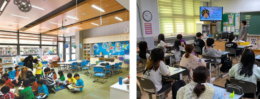 (왼쪽) 송도 채드윅 국제학교 초등 교실 vs (오른쪽) 국내 한 초등학교 교실
