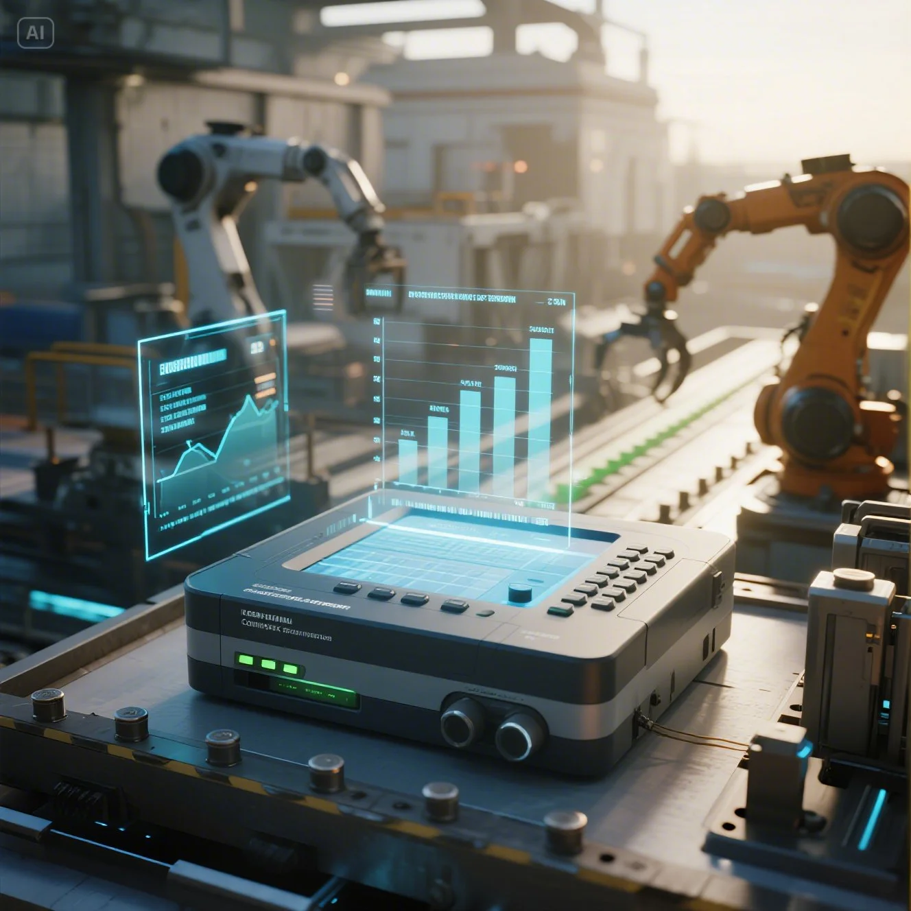 산업용 제어 장치 위로 실시간 데이터 그래프가 홀로그램으로 표시되고, 배경에 로봇 팔이 있는 스마트 공장 환경을 보여주는 이미지.