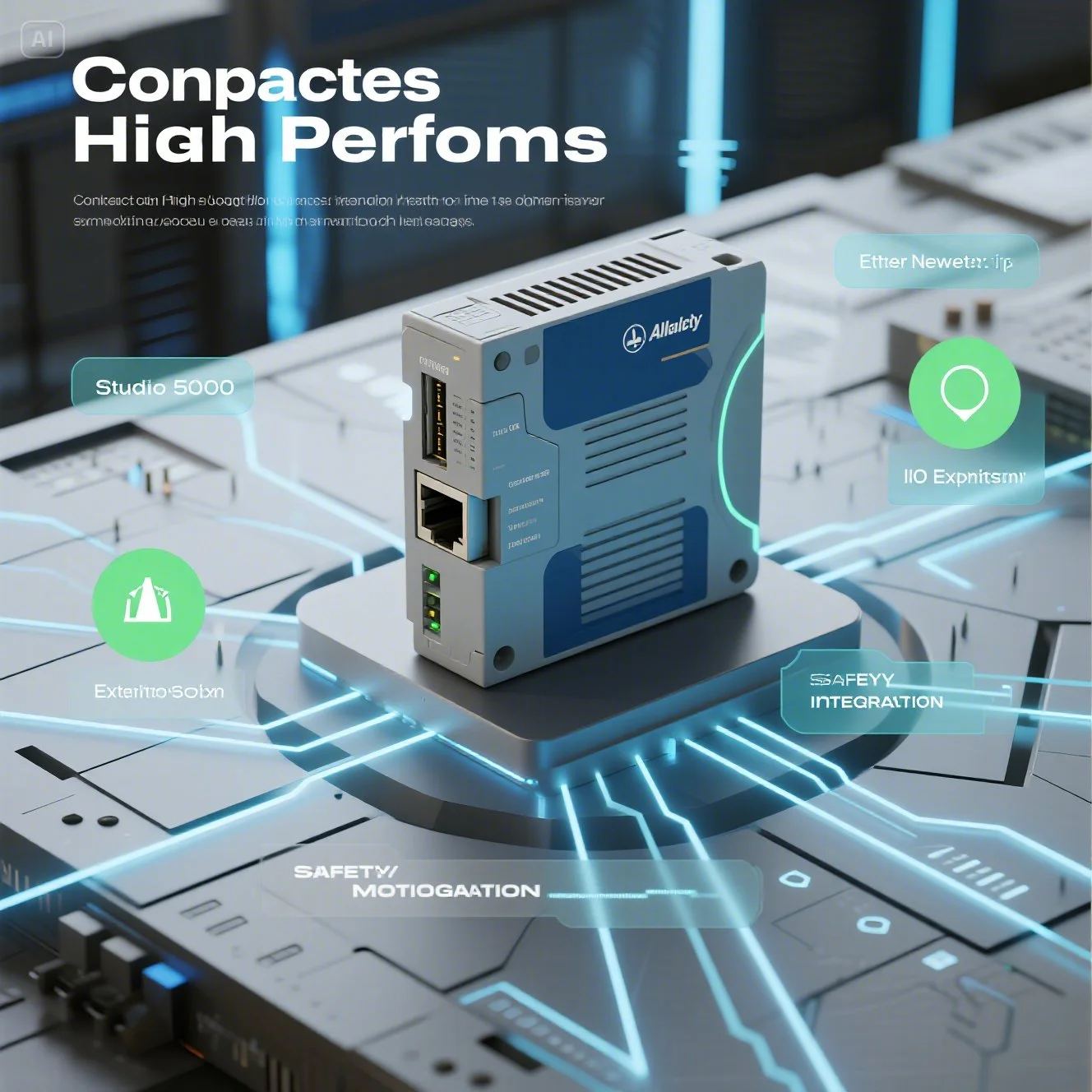 CompactLogix PLC의 고성능과 주요 기능을 시각화한 이미지.