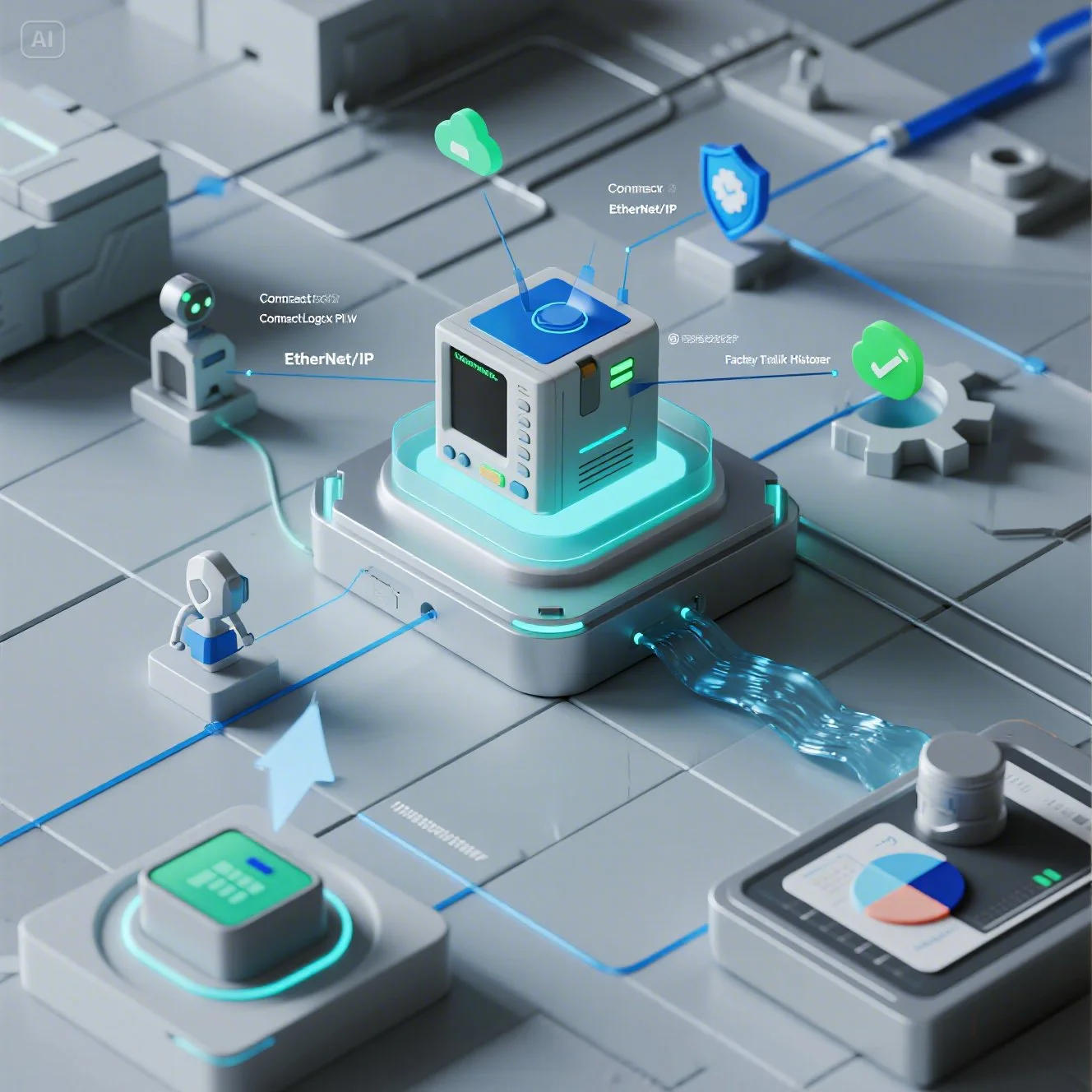 미래지향적인 스마트 팩토리 환경에서 CompactLogix PLC가 EtherNet/IP 통신으로 로봇, 센서 등 다양한 장치들과 연결되어 데이터를 주고받는 모습의 3D 렌더링 이미지입니다. 중앙의 PLC에서 FactoryTalk Historian, OPC UA, 안전 기능(방패 아이콘) 등으로 데이터가 흐르며, 아래쪽으로는 HMI 화면과 연동되어 실시간 데이터 모니터링 및 제어가 이루어짐을 보여줍니다