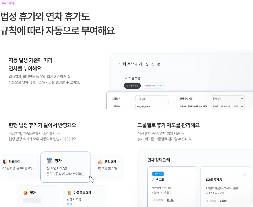 각종 휴가를 자동 설정하는 기능을 설명하는 화면입니다.