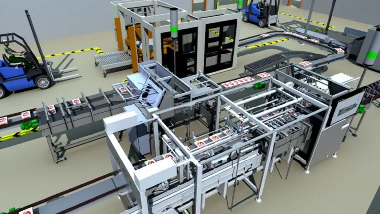 디지털 트윈 시뮬레이션 소프트웨어로 구현된 자동화 공정 라인의 3D 가상 모델