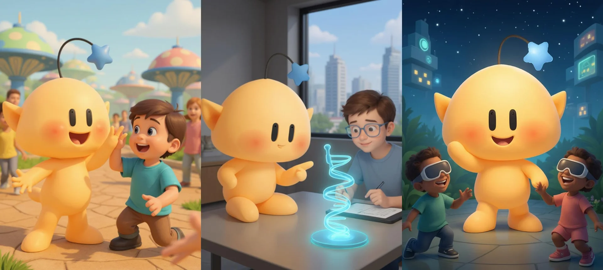 AI로 생성된 꿈돌이 캐릭터의 3가지 연출 이미지 모음: 아이와 야외에서 즐거워하는 모습, 성인과 함께 과학적인 요소를 탐구하는 모습, 밤 도시에서 아이들과 활기차게 어울리는 모습