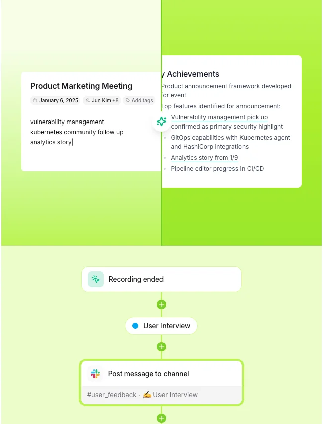 캐럿은 회의를 시작하기 전부터 이미 다릅니다. 따로 미팅 앱을 초대하거나 설치하지 않아도, 급하게 시작된 회의에서도 바로 기록을 시작할 수 있어요. 