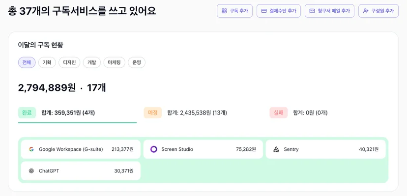 비용과 계정을 한 번에 관리 흩어져 있던 SaaS 구독 비용을 한 곳에서 통합 관리할 수 있어요. 월별, 연도별 지출 현황을 한눈에 파악하고 예산을 효율적으로 관리하세요.