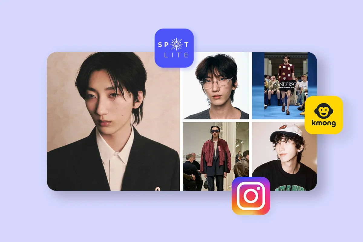 여러 플랫폼에 프로필을 등록한 프리랜서 남성 모델 정산의 다양한 촬영 이미지와 스포트라이트, 크몽, 인스타그램 로고