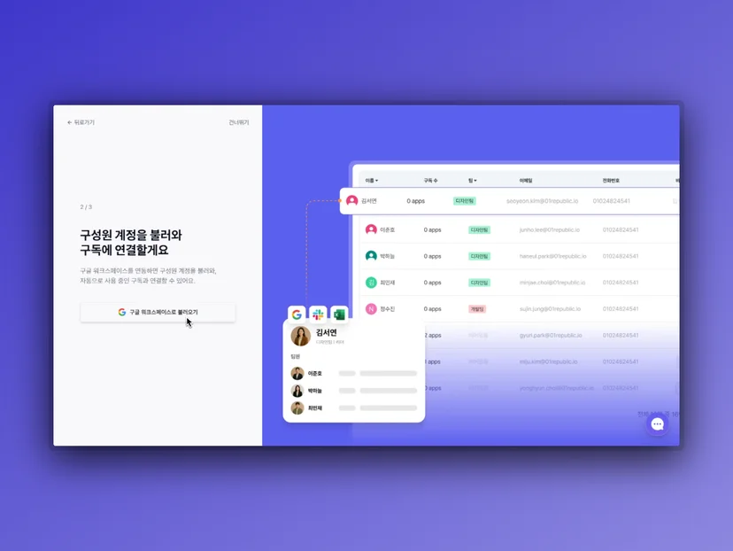 초대 없이 계정 관리 그룹웨어 연동으로 구독을 이용 중인 구성원을 자동으로 불러와요. 구성원을 무제한 초대해도 추가 과금이 없어서 부담 없이 사용할 수 있습니다.