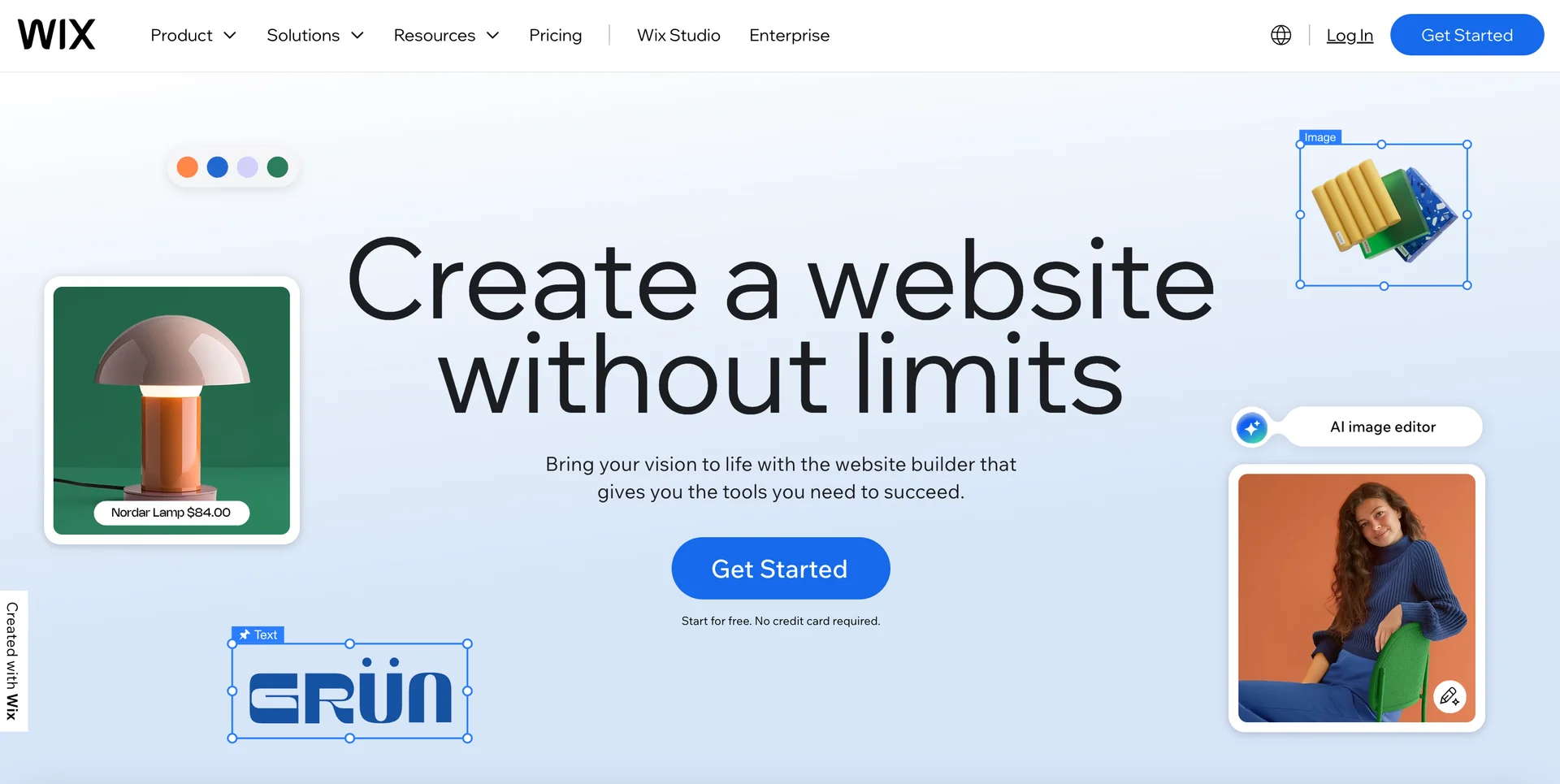 Screenshot of Wix homepage