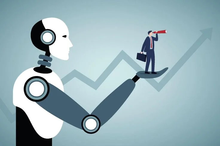 AI supporting business growth with a robot lifting a businessman holding a telescope