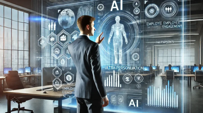 Businessman interacting with AI-powered ultra-personalization interface in a modern office