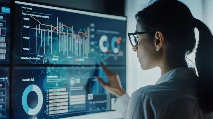 Woman analyzing interactive data dashboard with graphs and charts