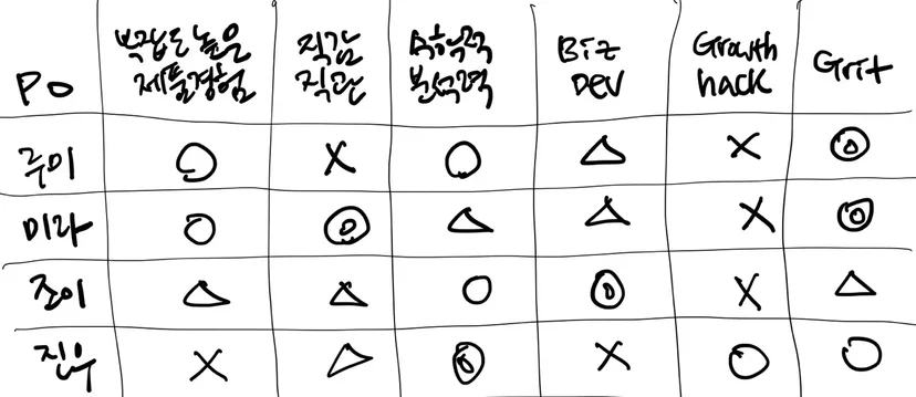 PO별 역량 분석표 예시