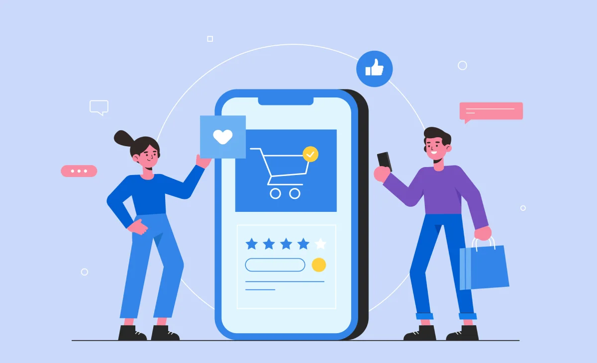 온라인 쇼핑을 상징하는 일러스트 이미지. 가운데에는 장바구니 아이콘이 표시된 스마트폰 화면이 있으며, 화면 아래에는 별점 리뷰와 버튼이 보입니다. 왼쪽에는 하트를 든 여성이, 오른쪽에는 쇼핑백을 들고 스마트폰을 보는 남성이 서 있습니다. 좋아요 아이콘, 말풍선 등이 배경에 함께 표현되어 있습니다.