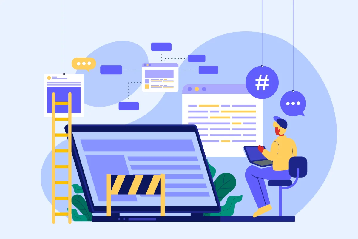 웹사이트나 콘텐츠를 개발 중인 상황을 표현한 일러스트 이미지. 노트북 화면에는 공사 중 표시가 있고, 그 앞에는 사다리와 노란색 경고 바가 있으며, 오른쪽에는 노트북을 사용하는 인물이 앉아 있고, 상단에는 해시태그와 말풍선 아이콘이 매달려 있습니다.