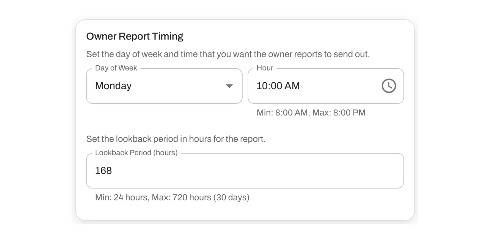 Set specific dates and times that owner reports are automatically sent out. 