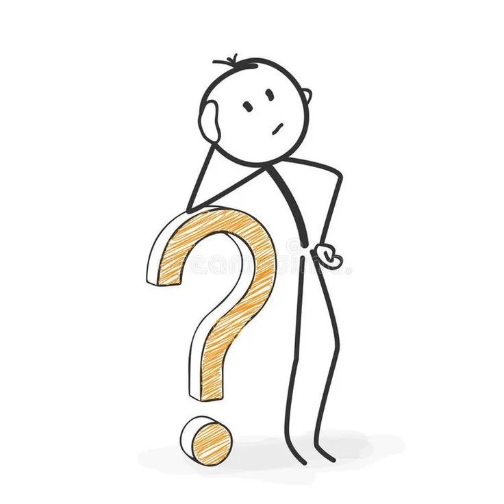 Confused stick figure leaning on a large question mark