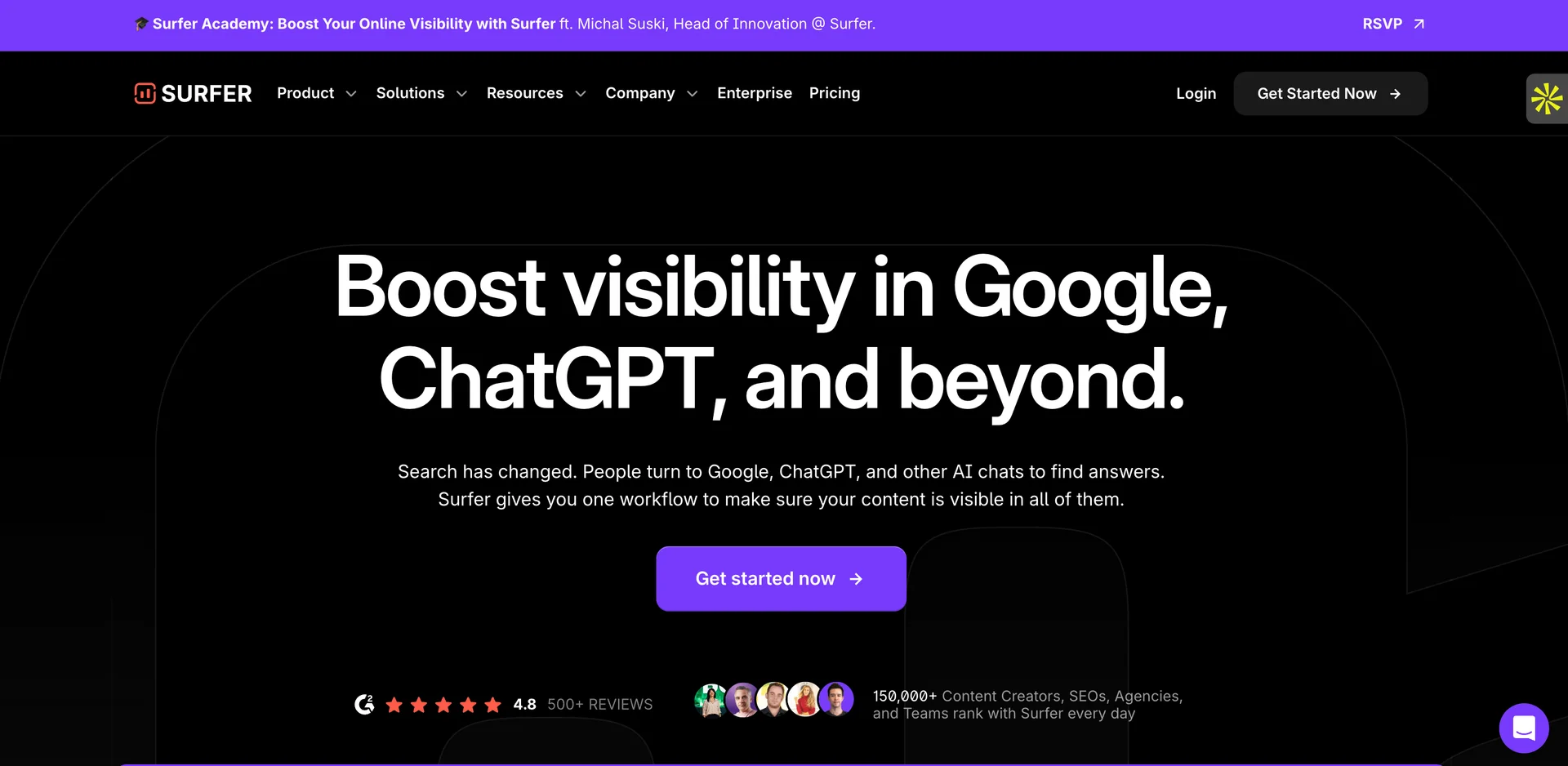 Screenshot of Surfer SEO Homepage
