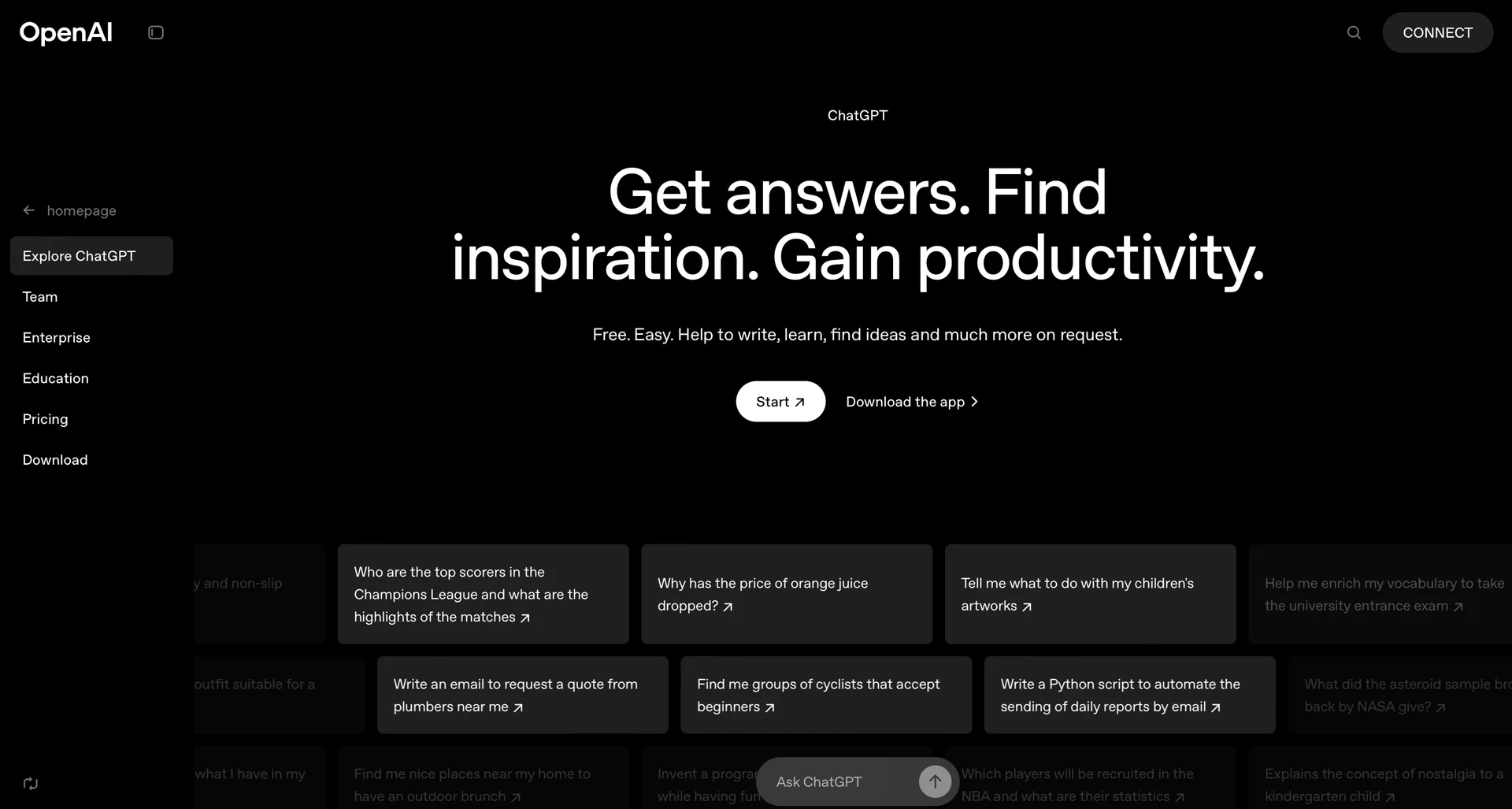 Screenshot of OpenAI ChatGPT Homepage