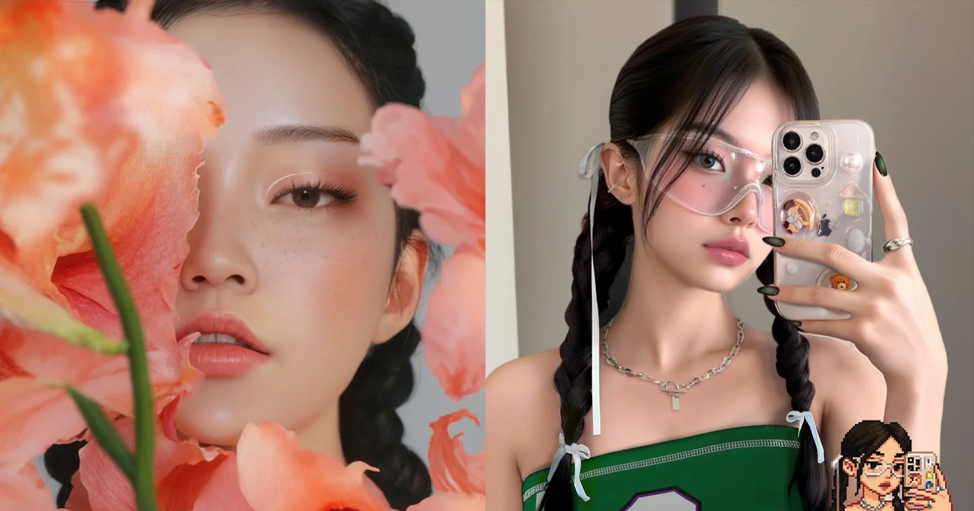 기업의 가상인플루언서 사례로 왼쪽은 싸이더스스튜디오엑스의 '로지', 오른쪽은 아모레퍼시픽의 '지지'입니다.