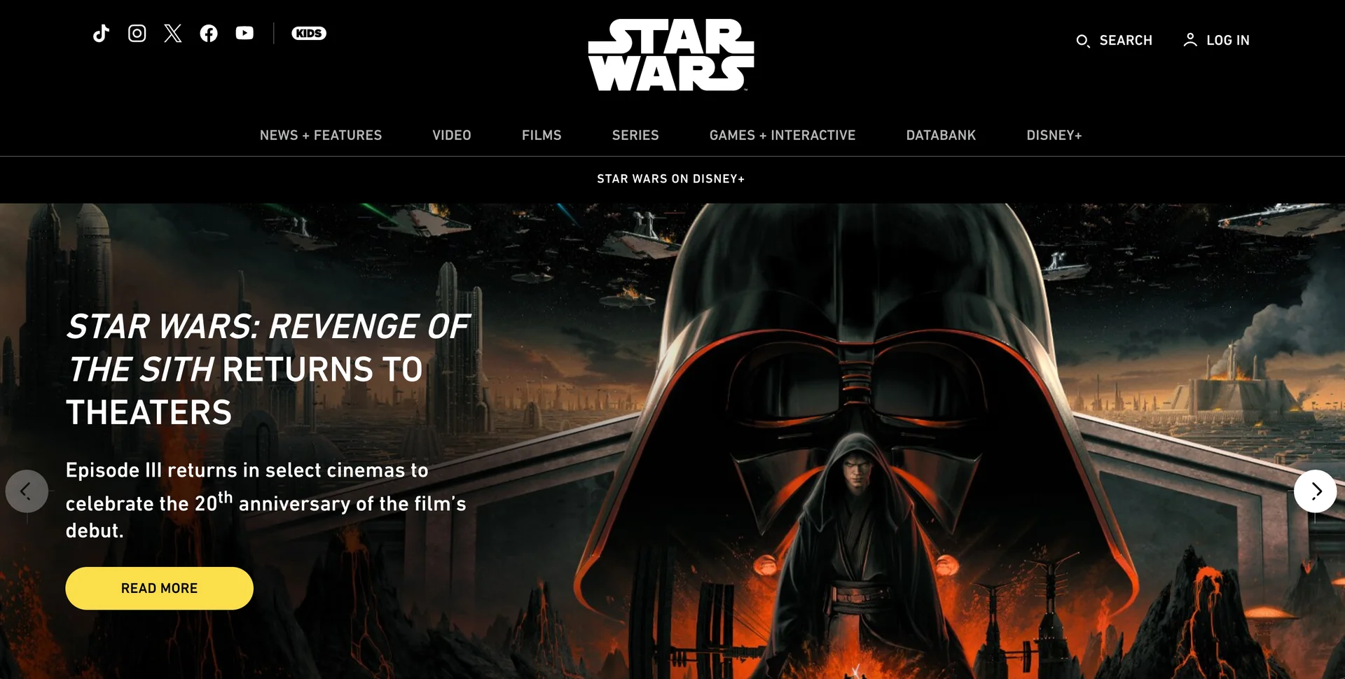 Screenshot of the StarWars homepage built on Wordpress