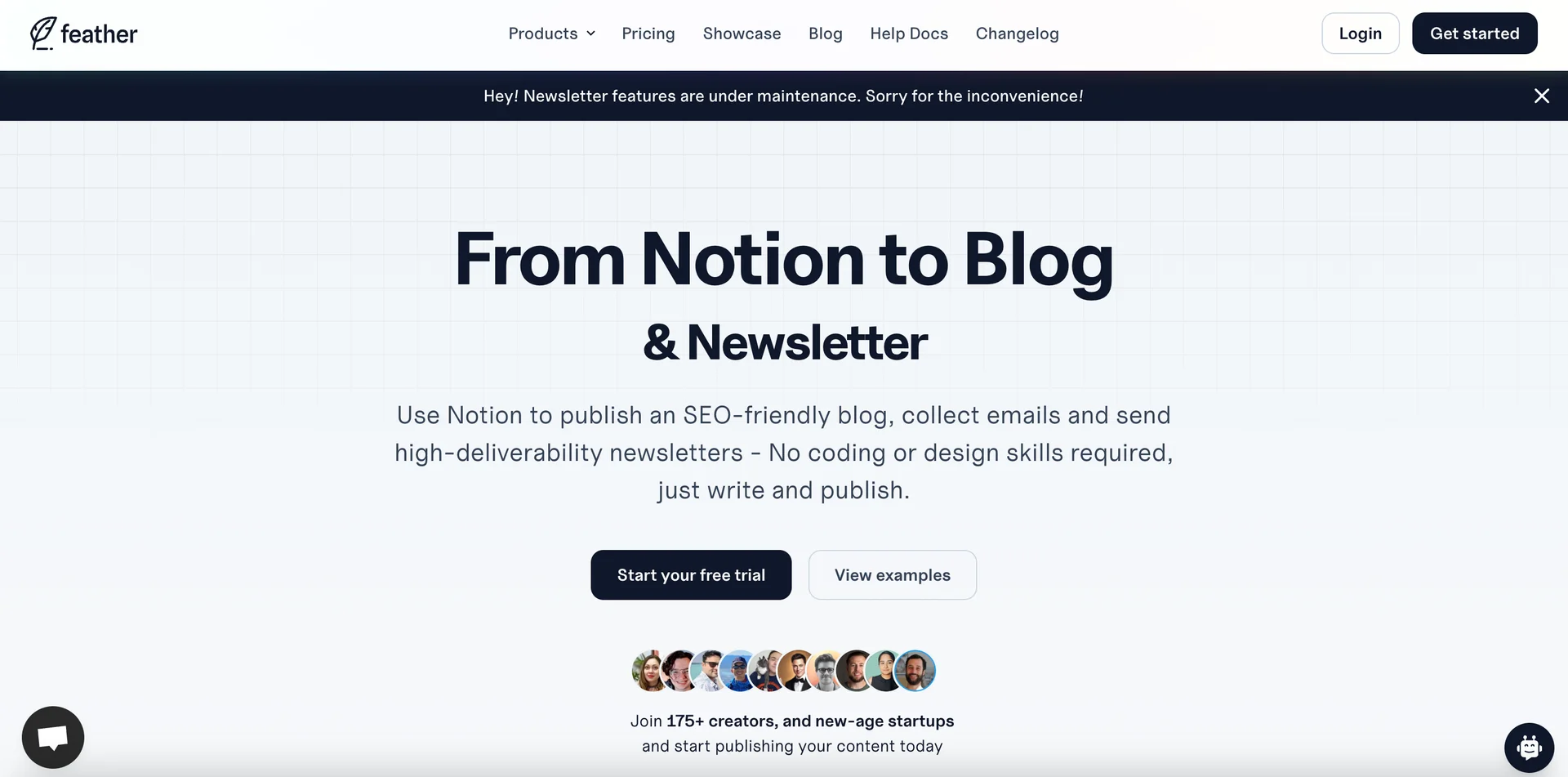 Screenshot of the Feather homepage