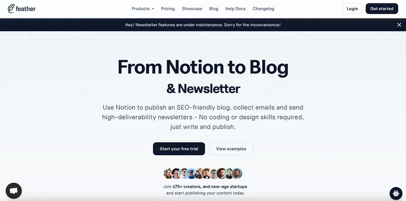 Screenshot of the Feather homepage