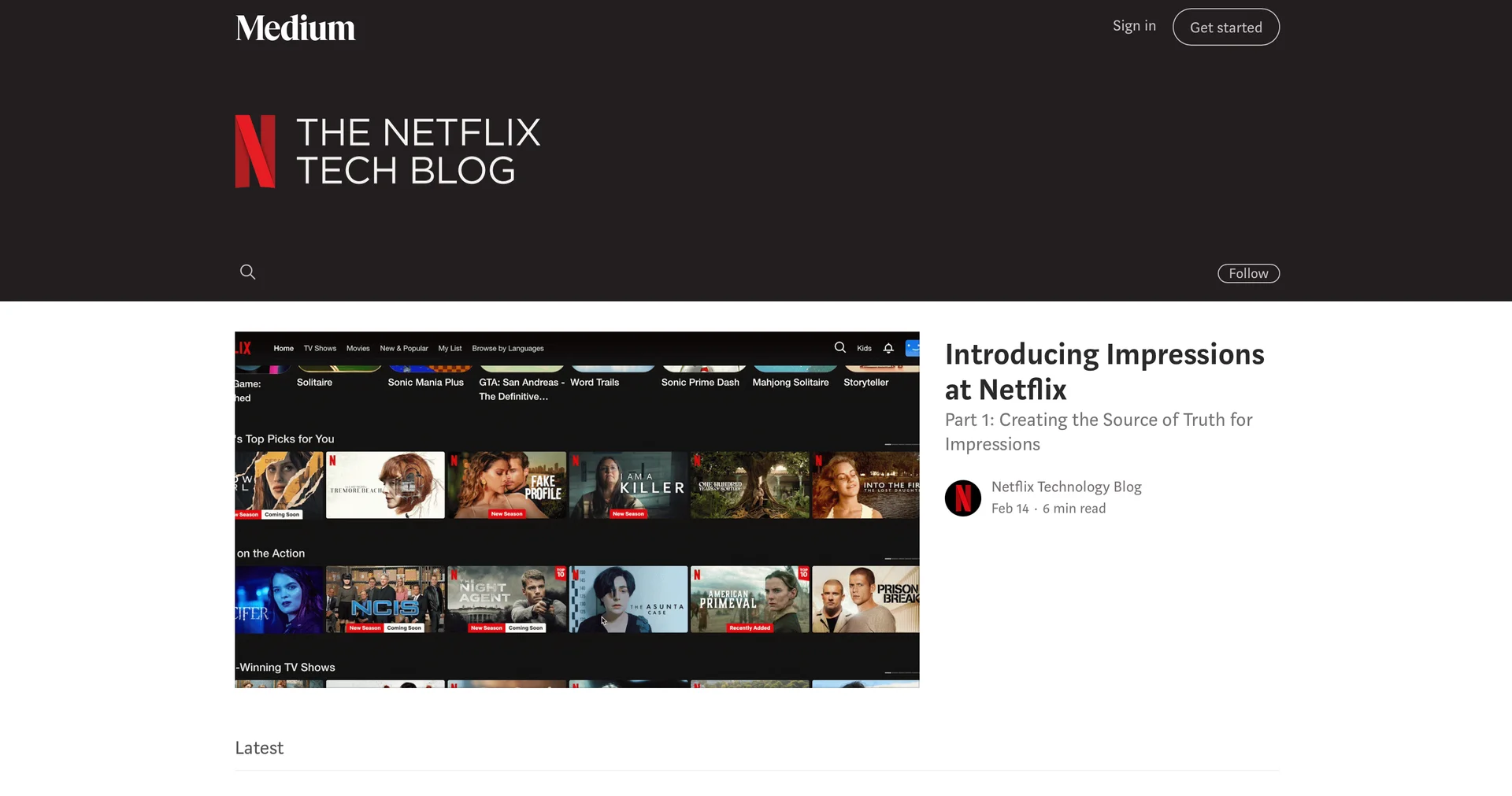 Screenshot of the Netflix Tech Blog homepage