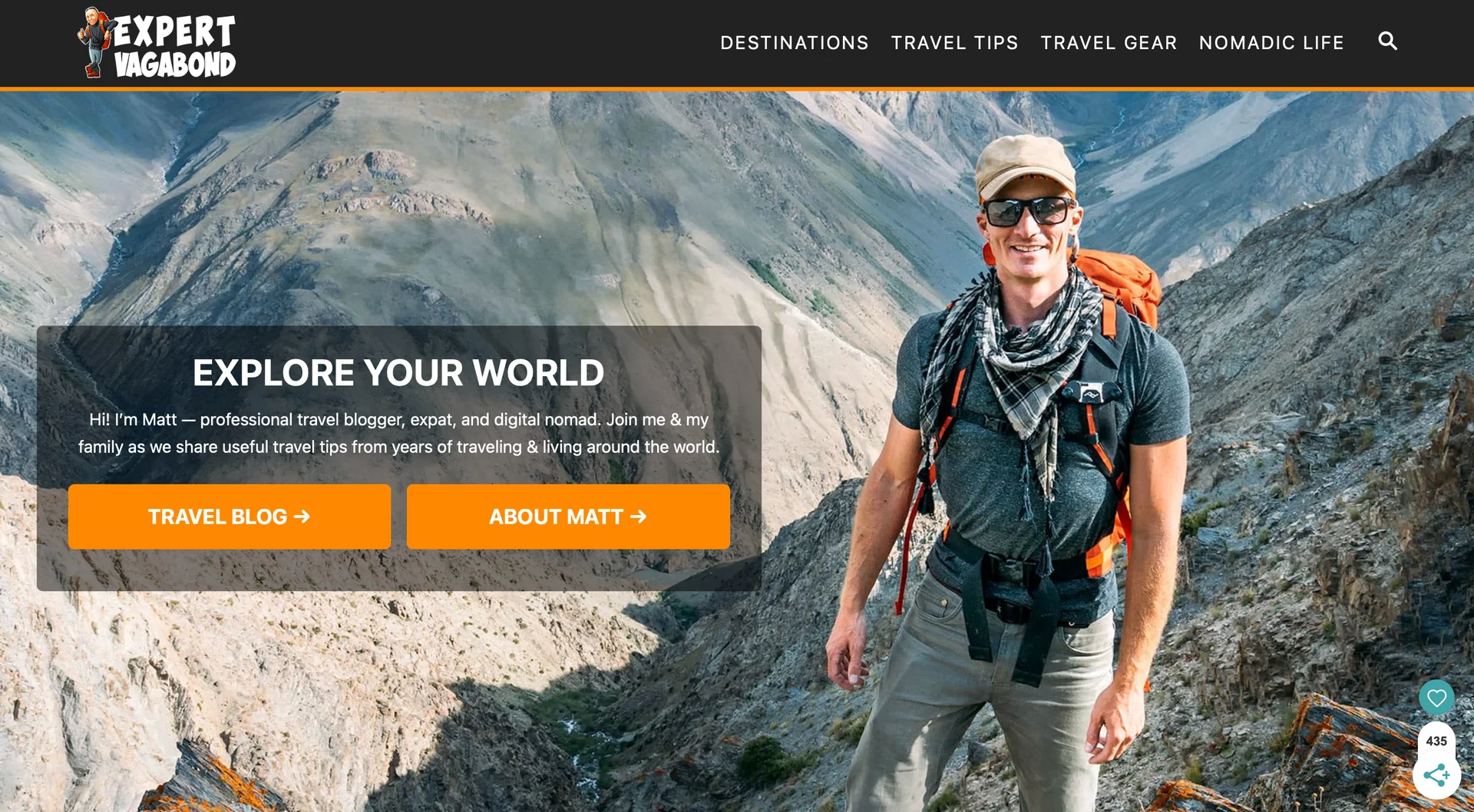 Screenshot of Expert Vagabond homepage built on Blogger
