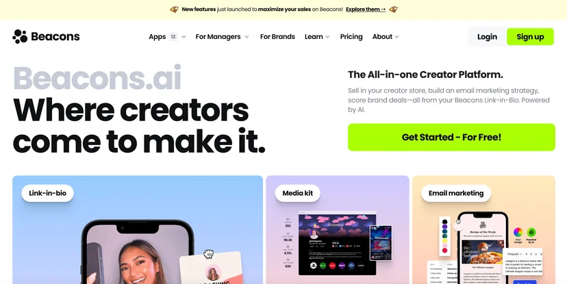 Screenshot of the Beacons homepage