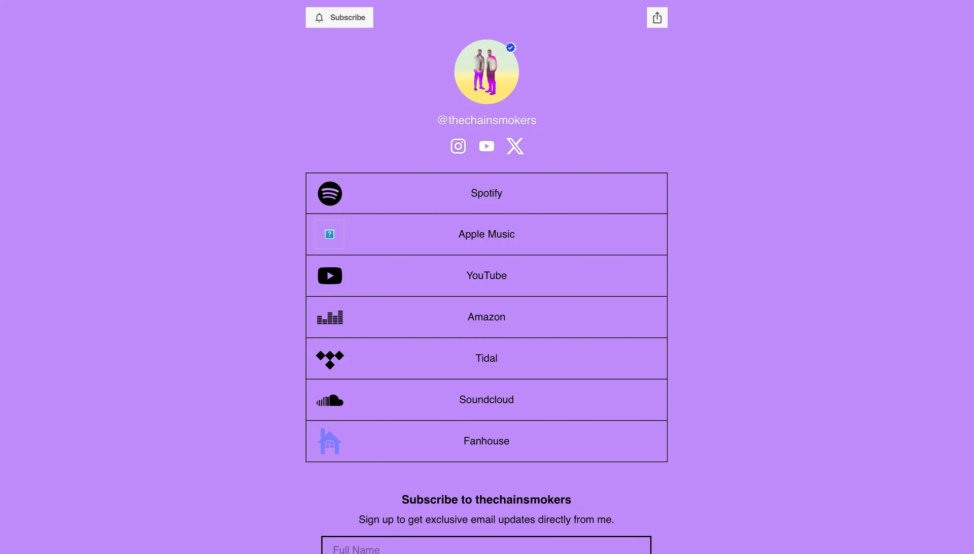 Screenshot of the Chainsmokers website built on Beacons 