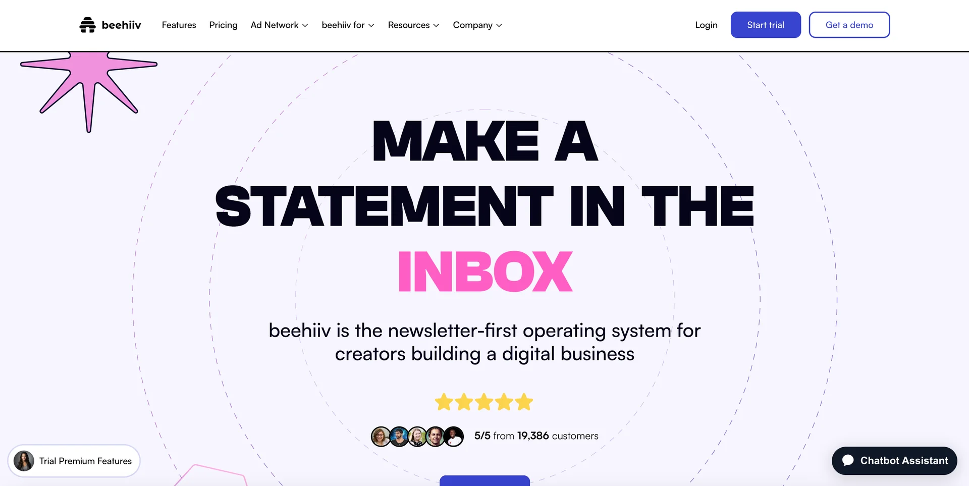Screenshot of the Beehiiv homepage
