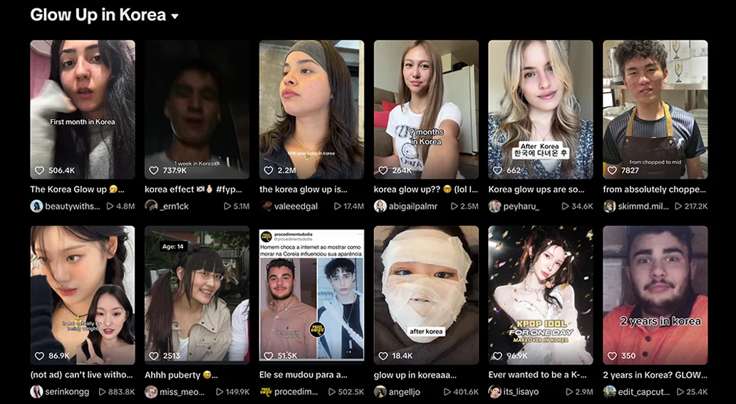 틱톡 사용자들이 'Glow Up in Korea' 해시태그를 사용해 한국 방문 전후 외모 변화를 공유한 영상 썸네일 모음