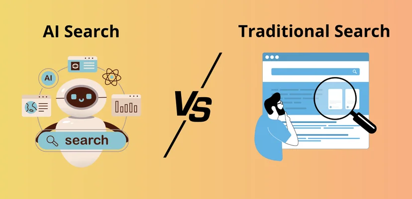 Illustration comparing AI Search (robot assistant and smart suggestions) vs Traditional Search (user manually reviewing results).