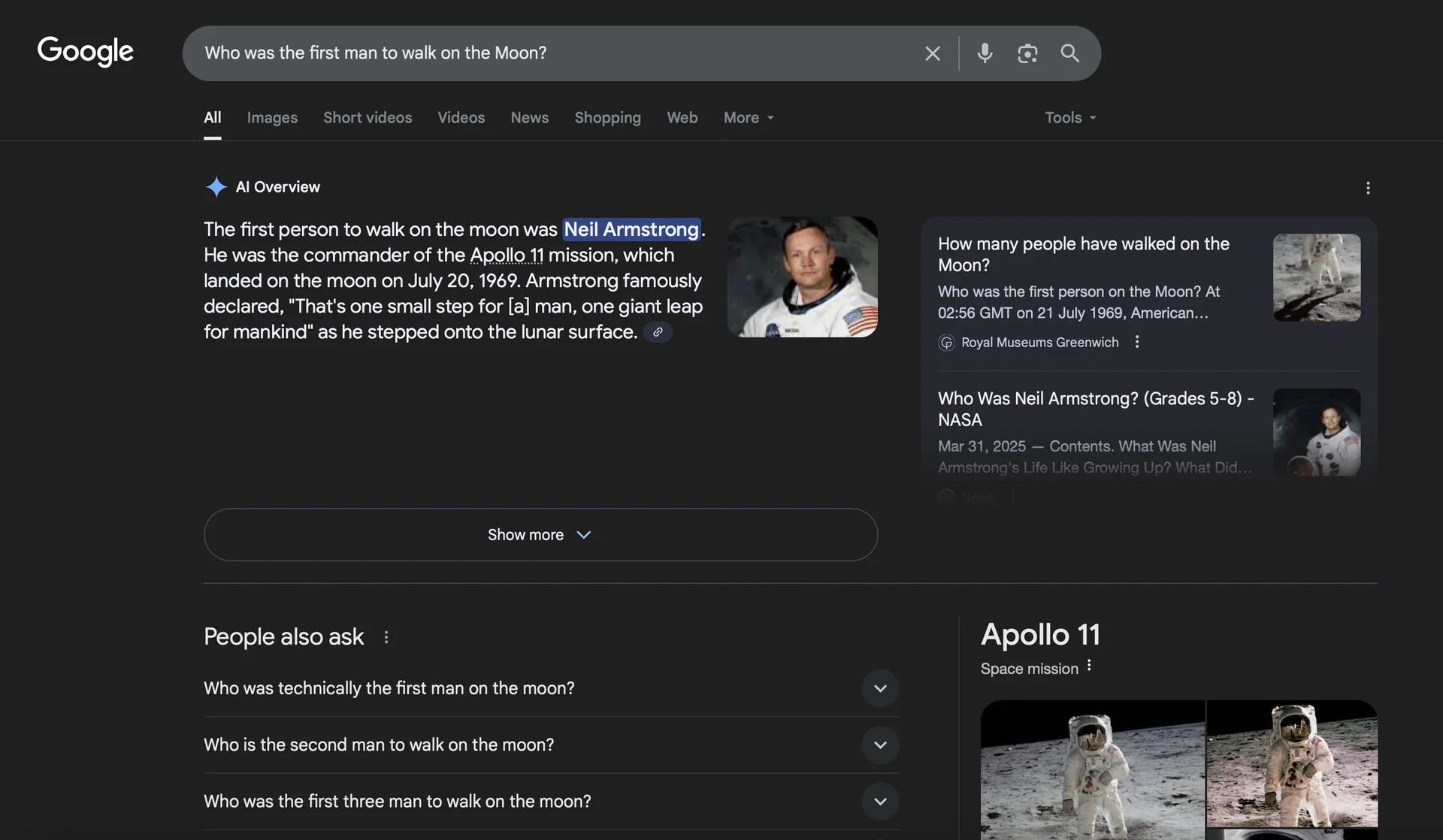 Google AI Overview search result showing Neil Armstrong as the first man to walk on the Moon, with details about the Apollo 11 mission.