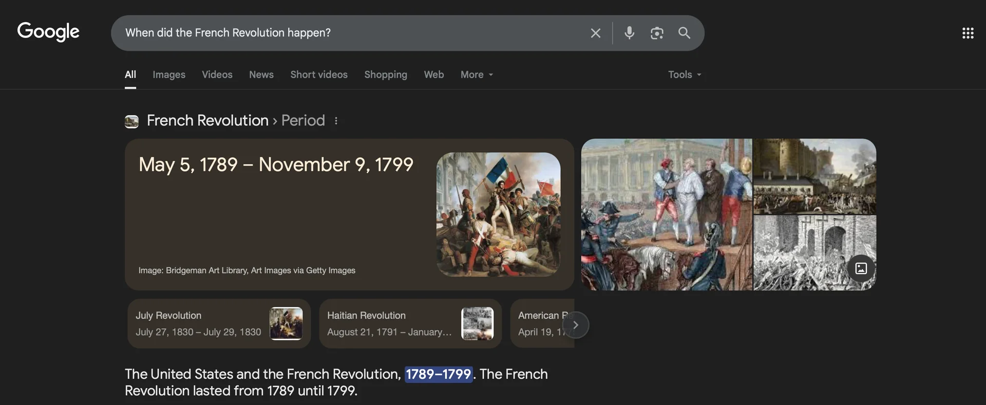 Google search showing the French Revolution dates as May 5, 1789 – November 9, 1799.